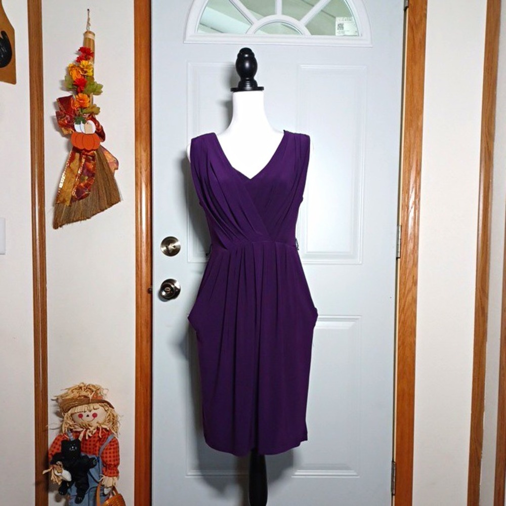 B Darlin Purple Pleated V-Neck Sheath Draped Detail Cocktail Dress 12 Pockets